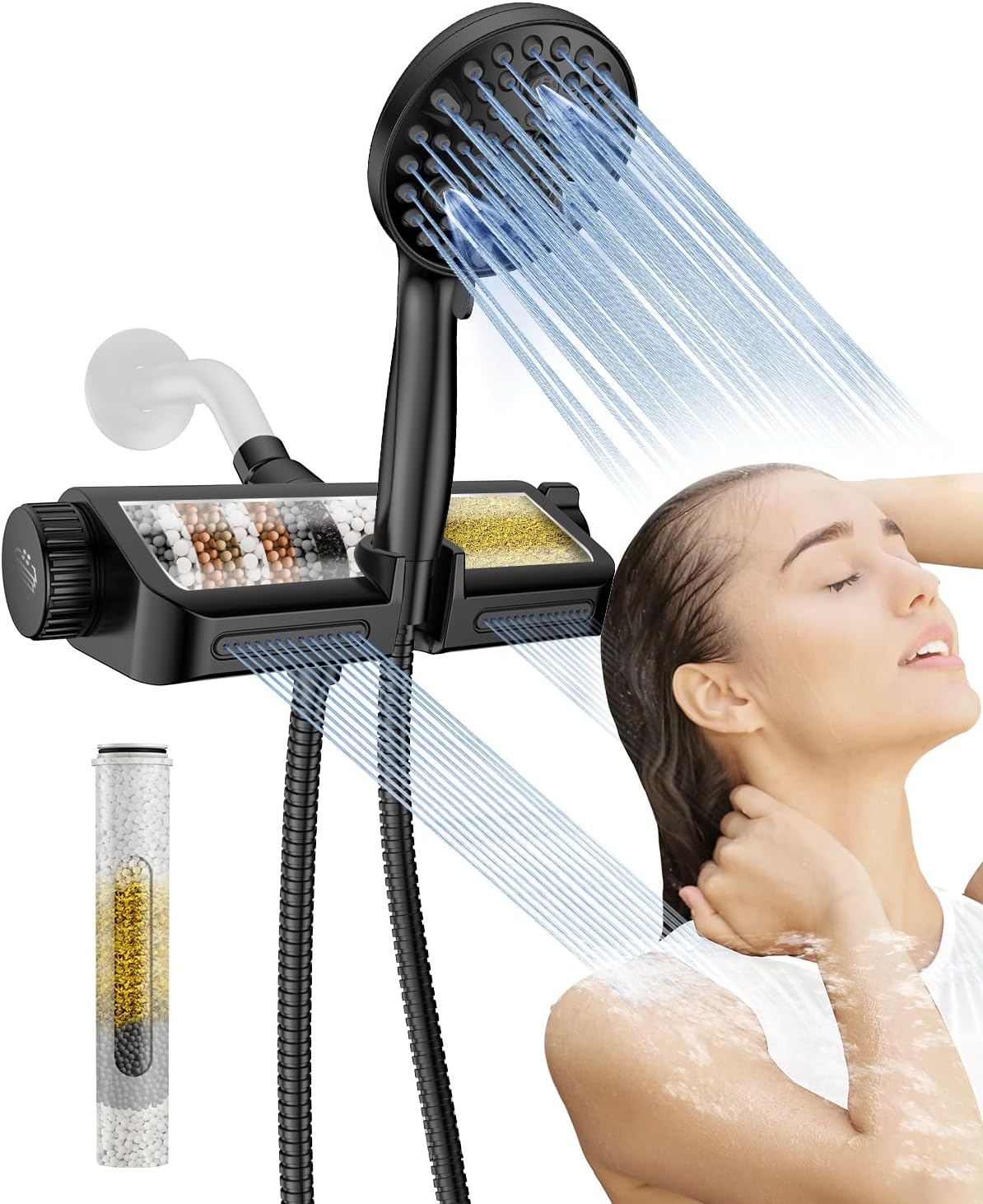 MakeFit Filtered Shower Head with Handheld Combo Matte Black - Dual 2-in-1 Spa System with Massage Shower and 10 Modes Hand Held Shower, High Pressure with Built in Power Wash Mode