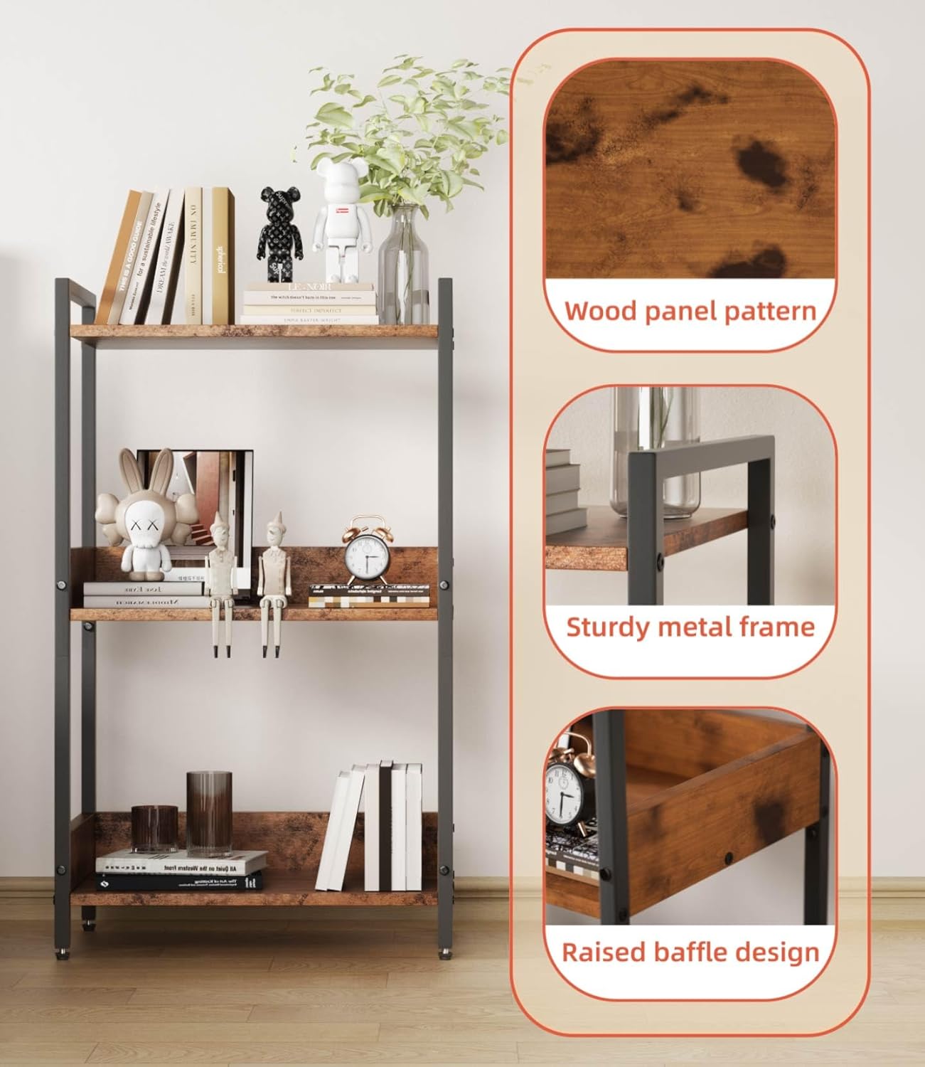 Bookshelf Bookcase with Storage Cabinet, 3-Tier Modern Corner Bookshelves, Narrow Wood Book Rack, Mini Floor Standing Book Organizer for Kid Room, Bedroom, Living Room, Home Office, CD/DVD