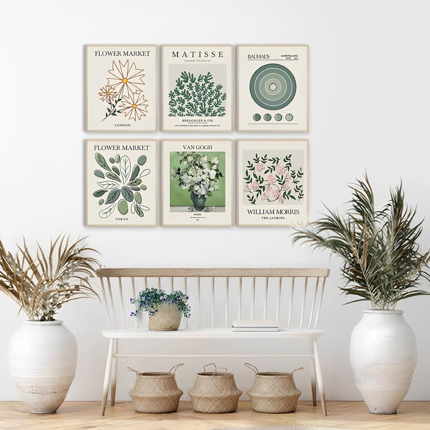 Canvas Trend Minimalist Boho Wall Art Set of 6, Flower Market Prints, Neutral Sage Green Botanical Wall Decor for Bedroom Living Room Bathroom, Modern Abstract Aesthetic Posters Unframed, 8x10inch