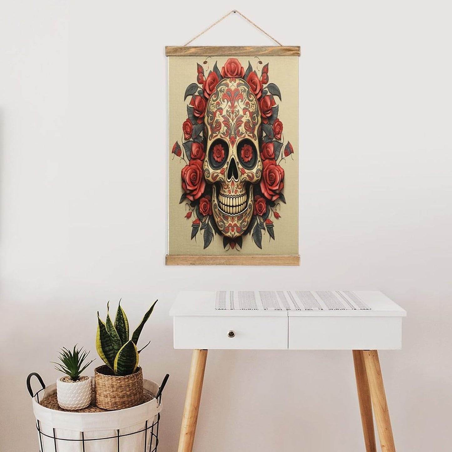 Vintage Red Rose Sugar Skull Poster with Wooden Frame Personalized Linen Hanging Scroll Painting Rustic Wall Hanging Illustrative Modern Artwork Decor for Home Living Room Bedroom Office