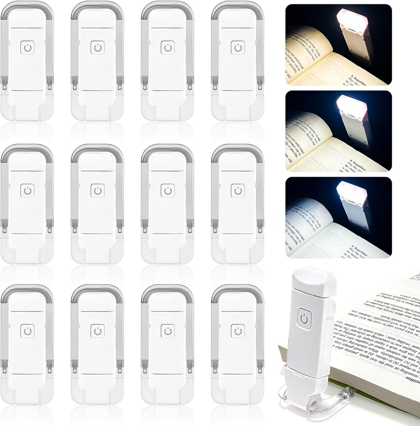 12 Pack Reading Light,Rechargeable Book Light for Reading in Bed, Eye Caring 3 Color Temperatures,Compact Size Clip on Book Lamp for Book Lovers Kids Adults（White）