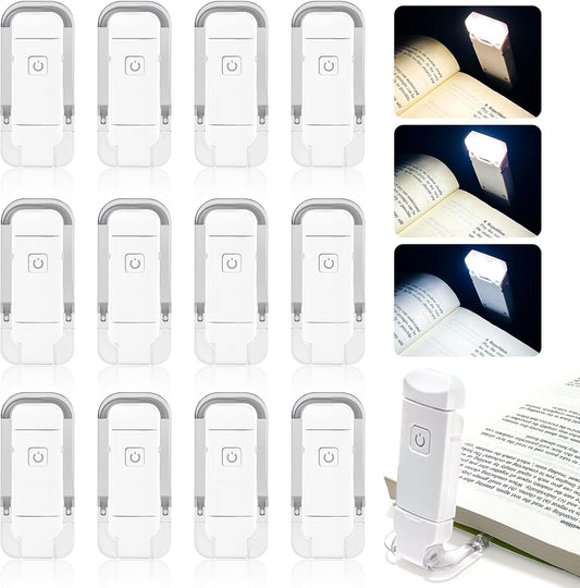 12 Pack Reading Light,Rechargeable Book Light for Reading in Bed, Eye Caring 3 Color Temperatures,Compact Size Clip on Book Lamp for Book Lovers Kids Adults（White）
