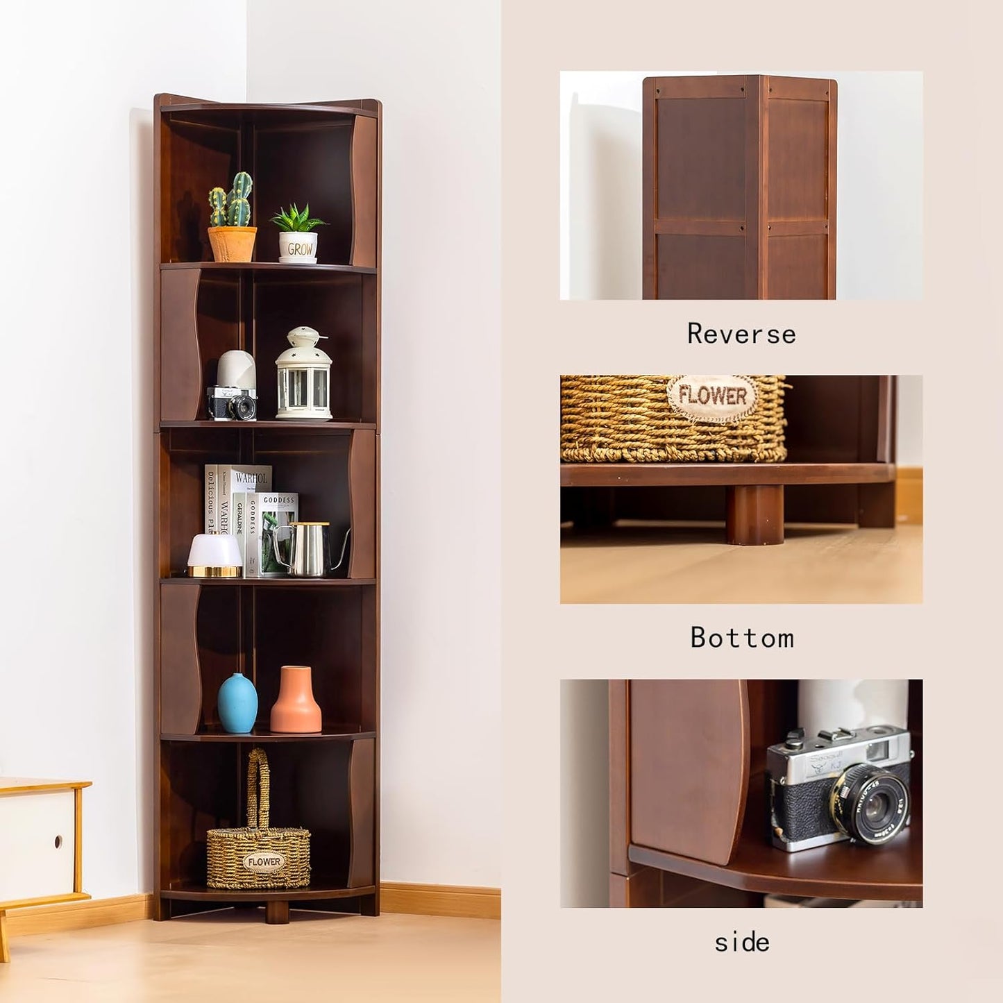 5-Tier Bamboo Corner Shelf Freestanding Fan-Shaped Storage Rack, Space-Saving Corner Cabinet for Living Room or Bedroom, Easy to Assemble, Walnut