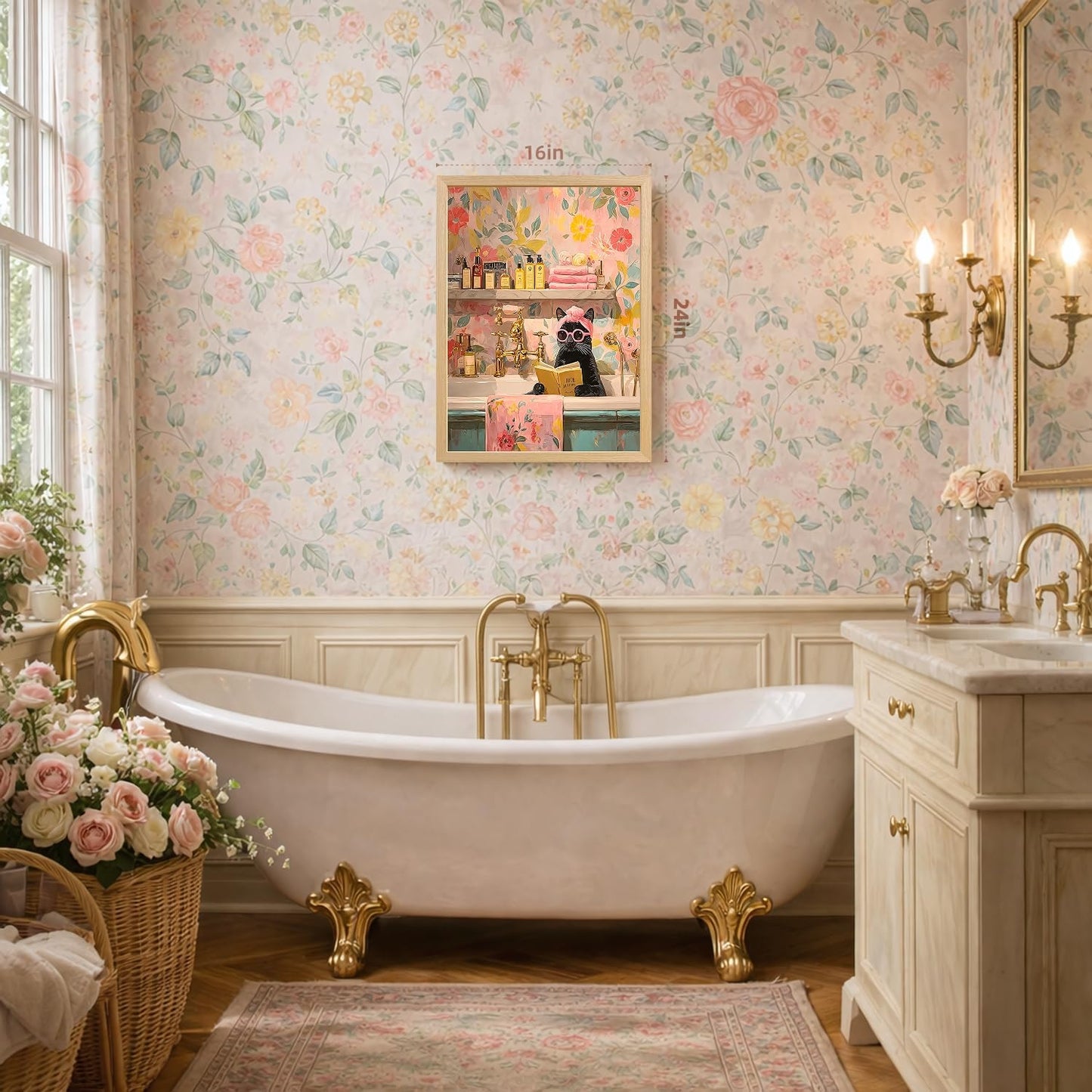 EisEver Funny Pink Bathroom Wall Art, Elegant Black Cat Reading Wall Decor, Humorous Cat in Bathtub Canvas Painting, Cute Animal Aesthetic Picture for Bathroom Powder Room Wood Framed 12x16 Inch