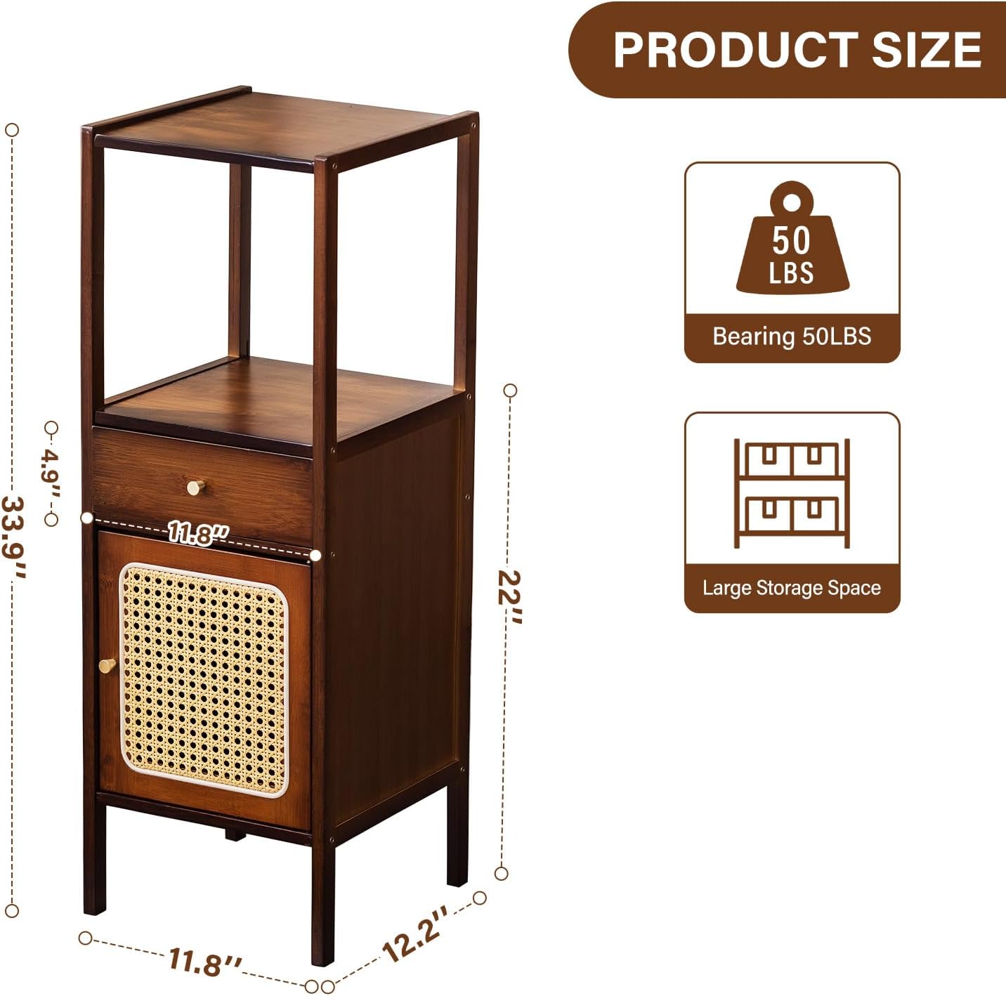 3-Tier Narrow Wood Bookcase with Rattan Door & Drawer — Mid-Century Modern, Walnut