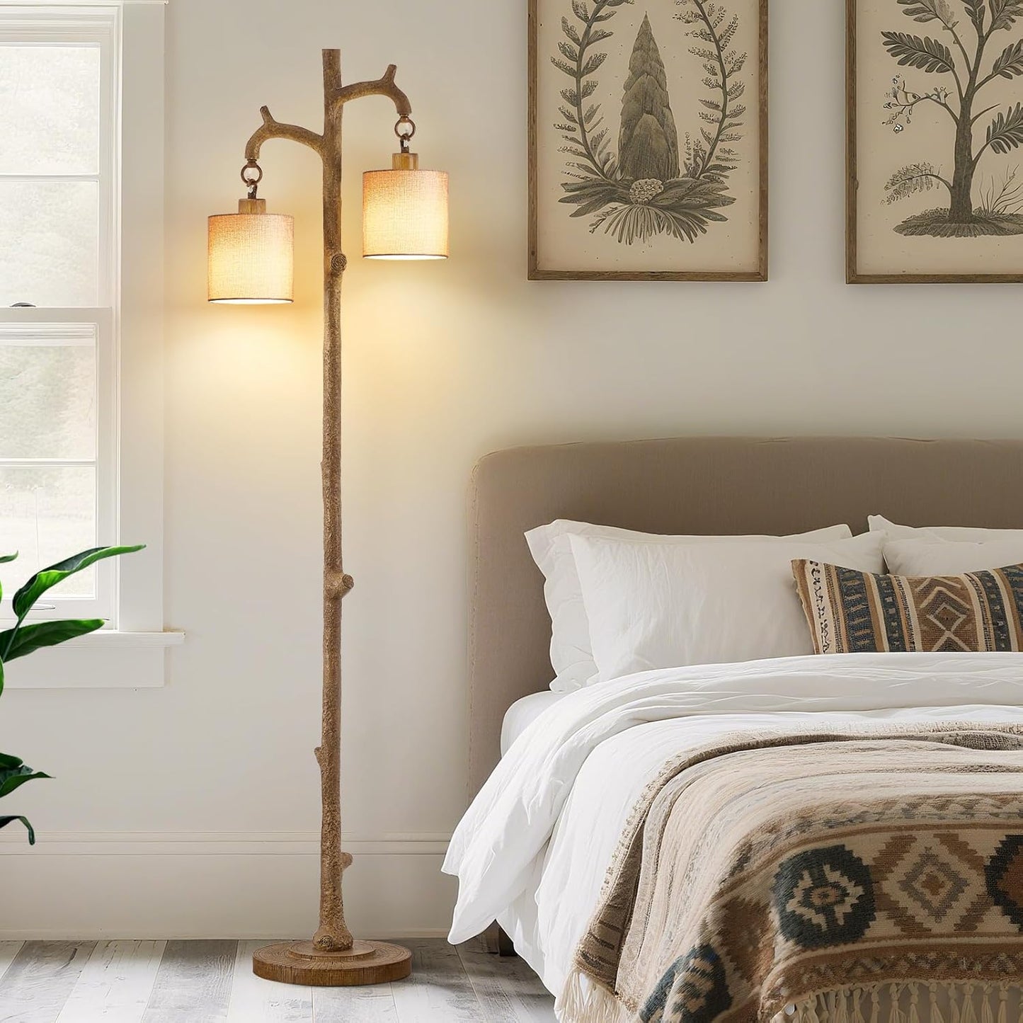 Rustic Floor Lamp for Living Room - Newly Upgraded Heavy-Duty Resin Base Farmhouse Floor Lamp with 2 Country Vintage Reading Light - Standing Lamps for Bedroom Office Home Decor (Brown, 2 Bulbs)