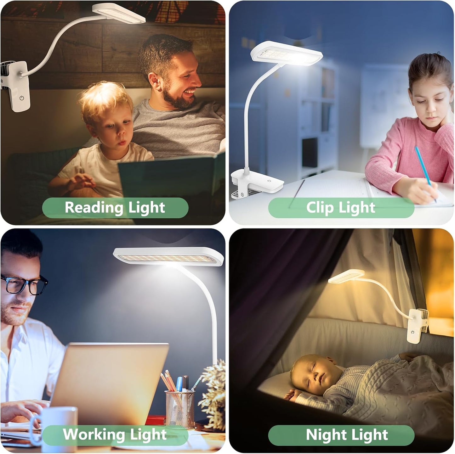 deaunbr Clip on Light, Reading Lights for Books in Bed, Eye Caring 66 LEDs Book Lights, 4 Brightness & Multiple Color Temperatures LED Desk Lamp Rechargeable Night Lamps for Home, Office and Dorm