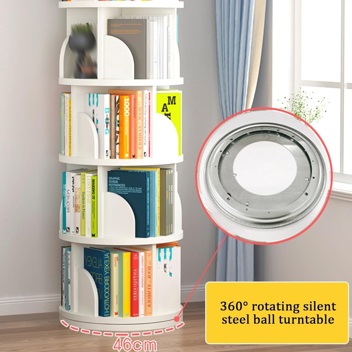 YVYKFZD 360° Rotating Bookshelf, 4/5 Tier Bookcase, Circular Display Storage Rack, Floor Standing Book Shelf with Baffle, for Home Living Room Study Office(Wood,4 Tier 49.6x18.1x18.1in)