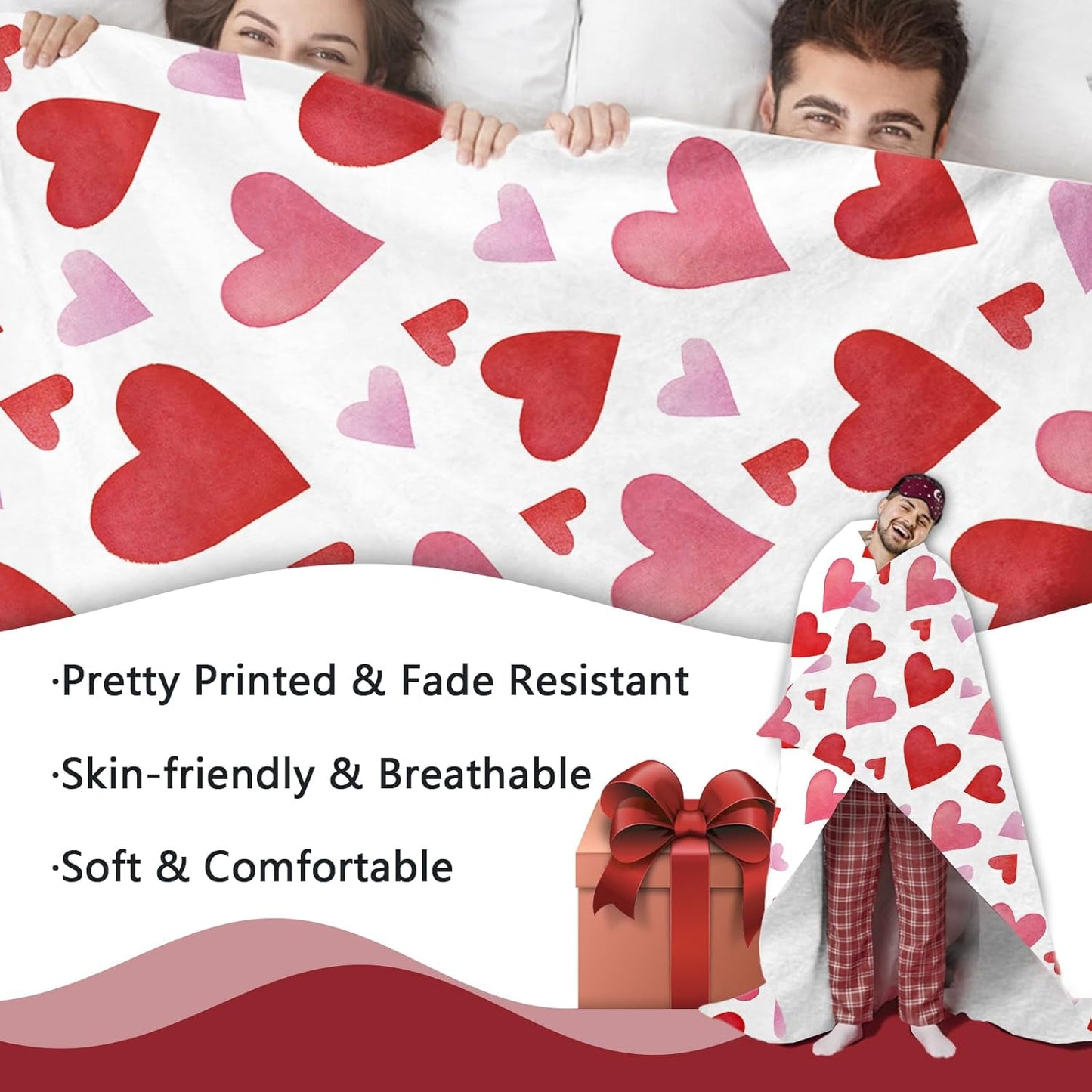 Valentines Day Flannel Throw Blanket, Pink Red Love Heart Anniversary Wedding Birthday Gifts for Women Girlfriend Wife Lover, Romantic Soft Blanket for Bedding Sofa 50" x 60"