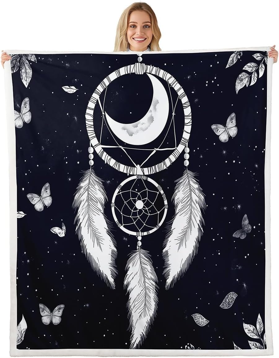 Feelyou Dreamcatcher Sherpa Blanket Queen 90"x90" Fleece Throw Blanket Plush Blanket Fuzzy Blanket Dark Black