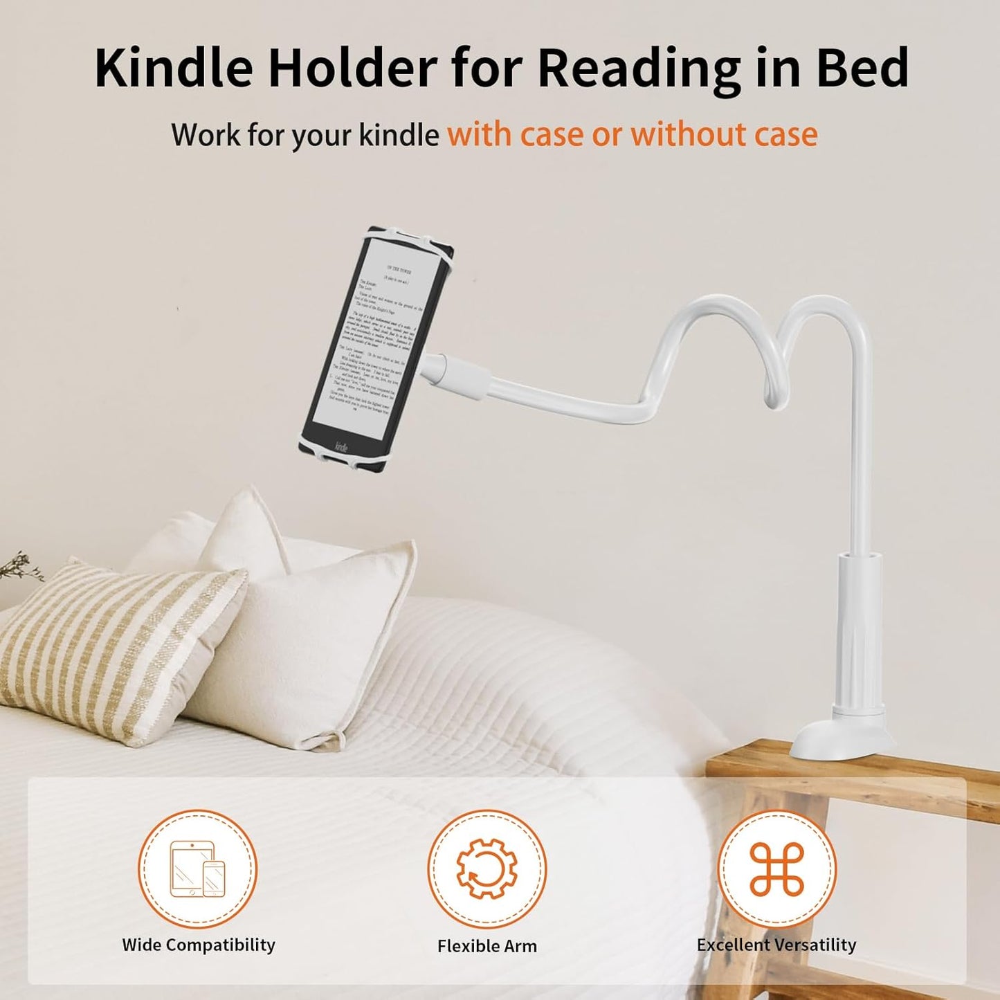 Gooseneck Kindle Holder for Reading in Bed - [Case-Friendly] Phone Holder for Bed, Kindle Paperwhite Stand Accessories, Overhead Cell Phone Clamp Mount for Desk, for Tablets 4-10 inches