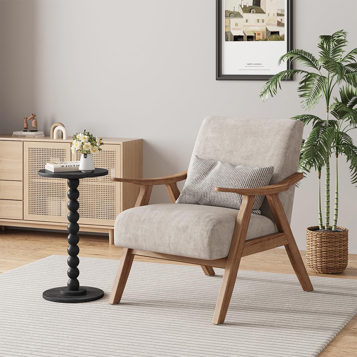 Round Side Table, Small Drink Table for Small Spaces, Pedestal End Table for Living Room, Modern Accent Nightstand with Solid Wood Leg for Bedroom, Corners and Office Black Color UTBT005B