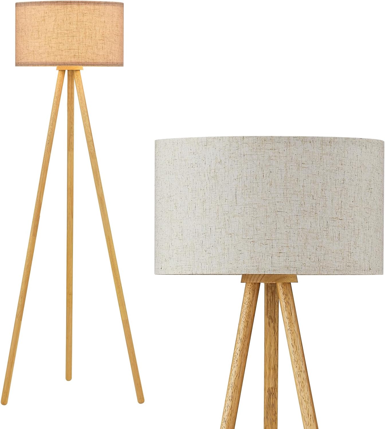 Wood Tripod Floor Lamp with 3 Color Temparature LED Bulb, Modern Wooden Standing Floor lamp Linen Shade for Living Room, Bedroom, Office, ETL Listed/Natural Wood Color