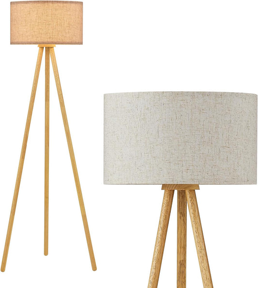 Wood Tripod Floor Lamp with 3 Color Temparature LED Bulb, Modern Wooden Standing Floor lamp Linen Shade for Living Room, Bedroom, Office, ETL Listed/Natural Wood Color