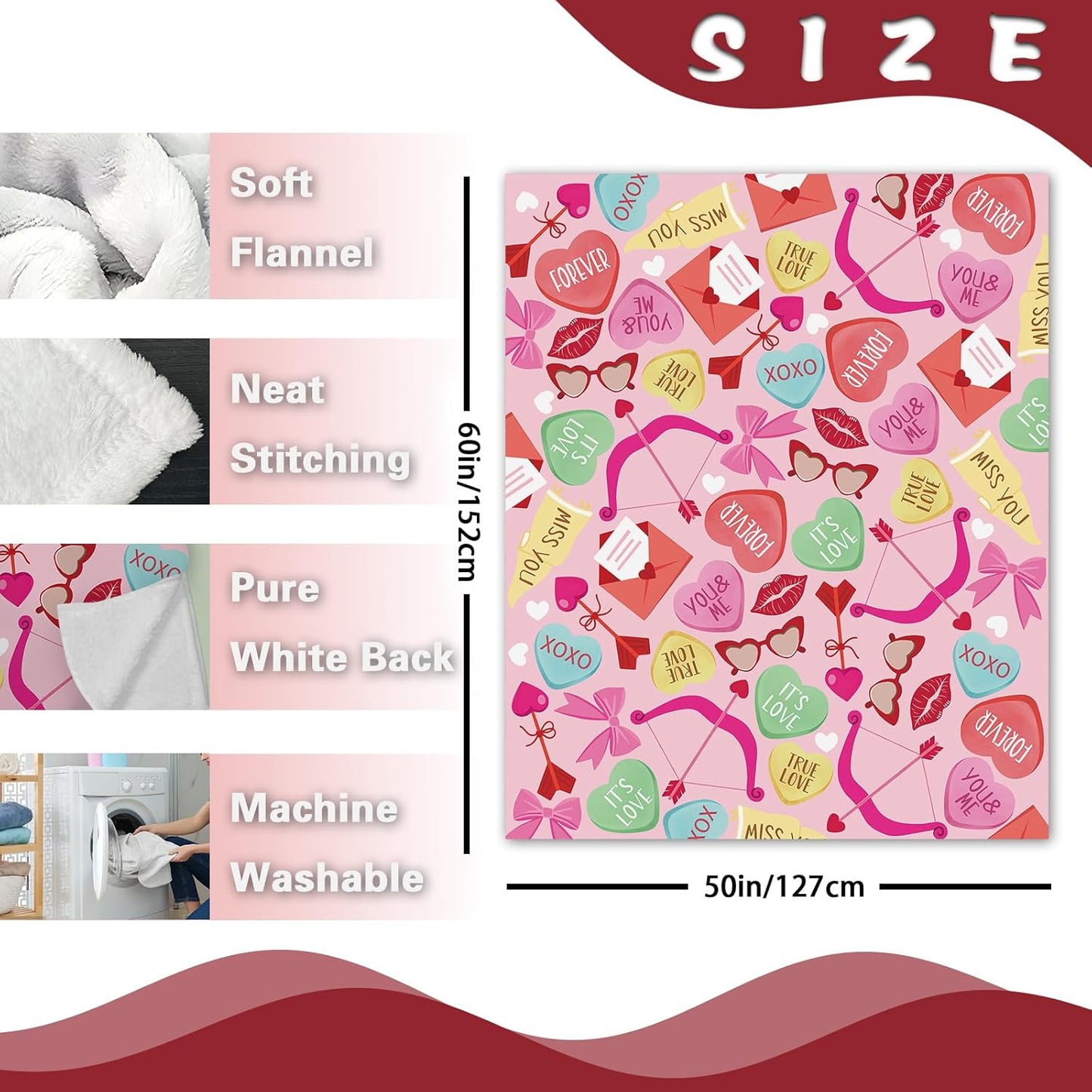Valentines Day Flannel Throw Blanket, Colorful Cute Love Hearts Anniversary Birthday Gifts for Women Kids Lover Couples, Romantic Words Soft Blankets for Classroom School Bedding Sofa 50" x 60"