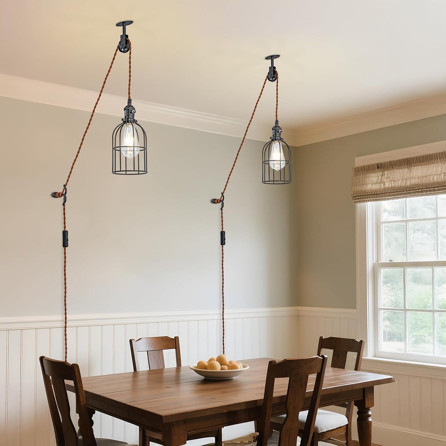 SEEBLEN Plug in Pendant Light Set of 2,Industrial Hanging Lamps that Plug into Wall Outlet,Farmhouse Pulley Pendant Light with Plug in Cord, Wall Lamps for Bedroom Living Room Kitchen.