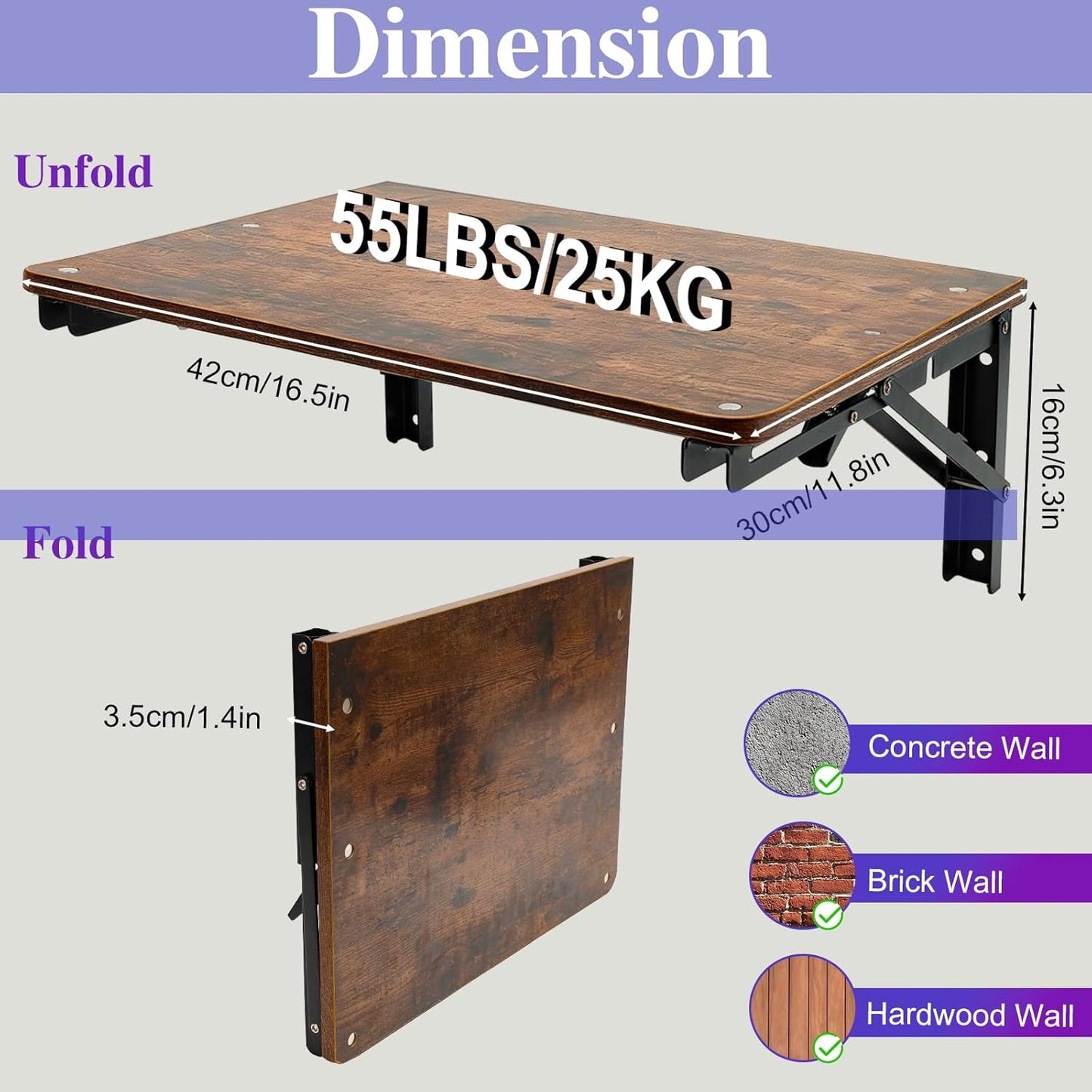 Wooden Folding Shelf Wall Mounted for Small Space, Wall Table for Living Room Bedroom Decor, Home Office Floating Fold Down Desk, Media Shelves with Heavy-Duty Brackets Holds Up to 30lbs, 16.5"*11.8"