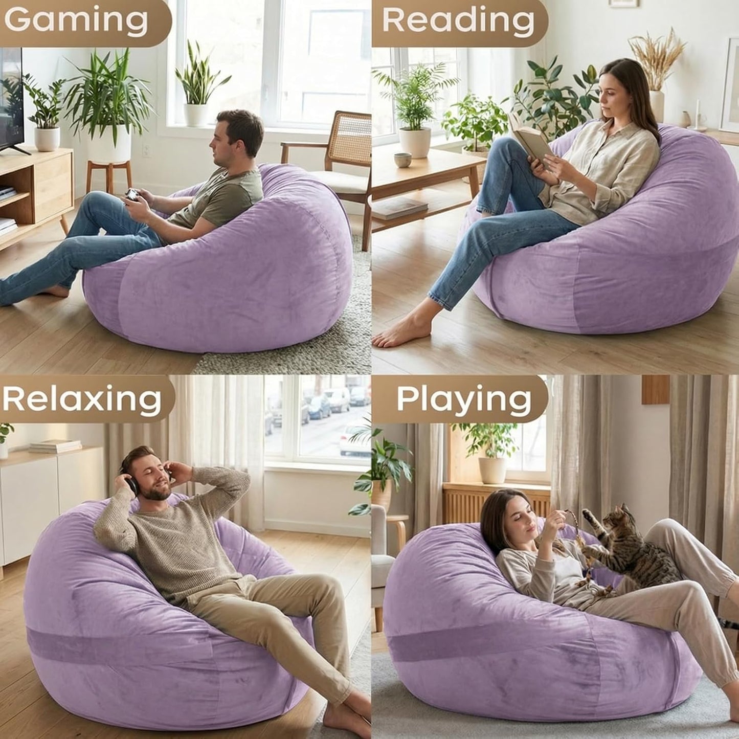 YuppieLife 4FT Bean Bag Chair, Foam Filled Bean Bags with Comfy Dutch Velvet & Machine Washable Cover, Adults BeanBag for Livingroom Bedroom, Purple