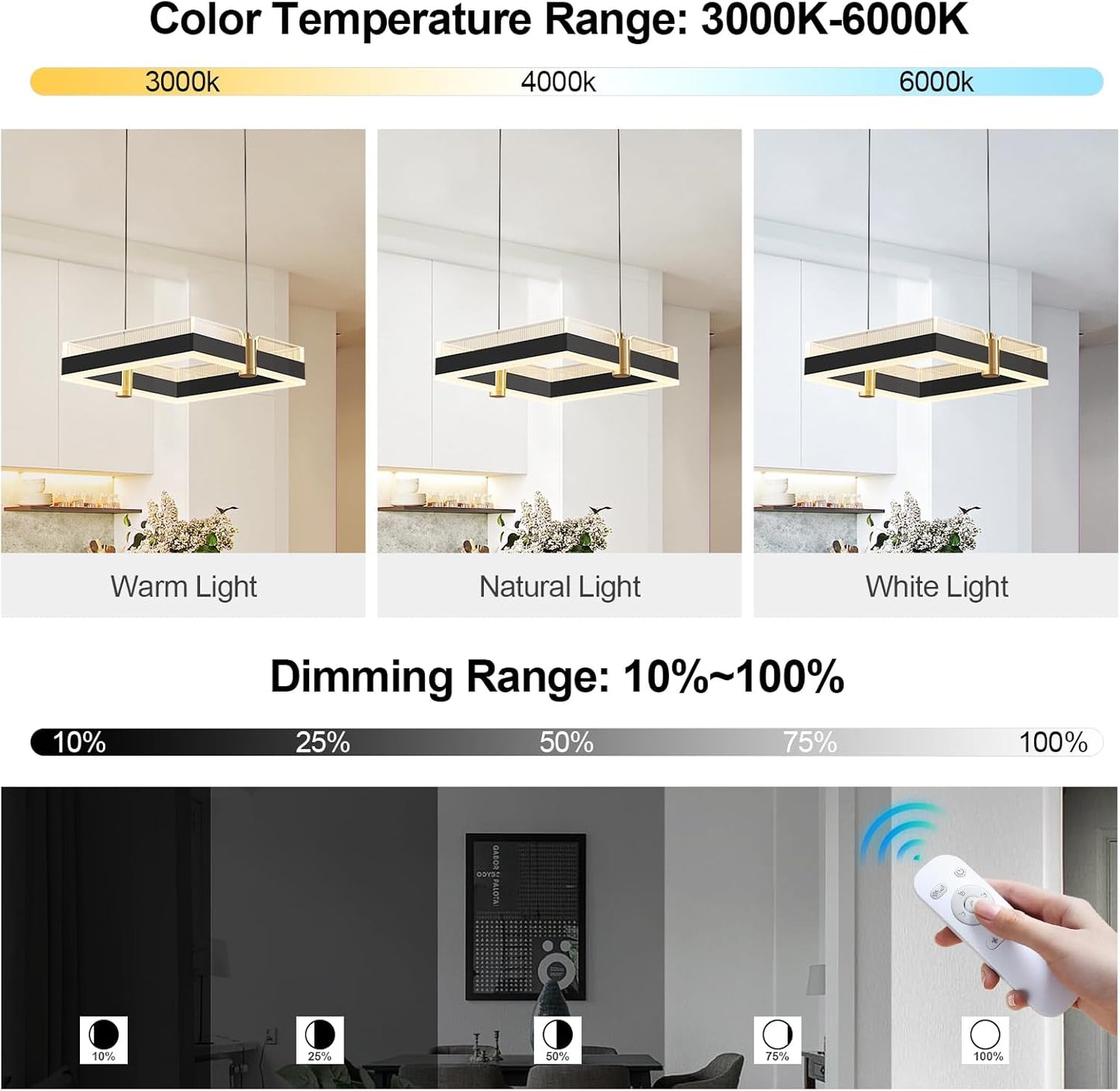 Modern LED Chandelier with Remote Control 1 Ring Dimmable 3 Color Black Gold Adjustable Pendant Light Square Chandelier Dining Light Fixture for Kitchen Bedroom Ceiling Hanging（1-Pack）