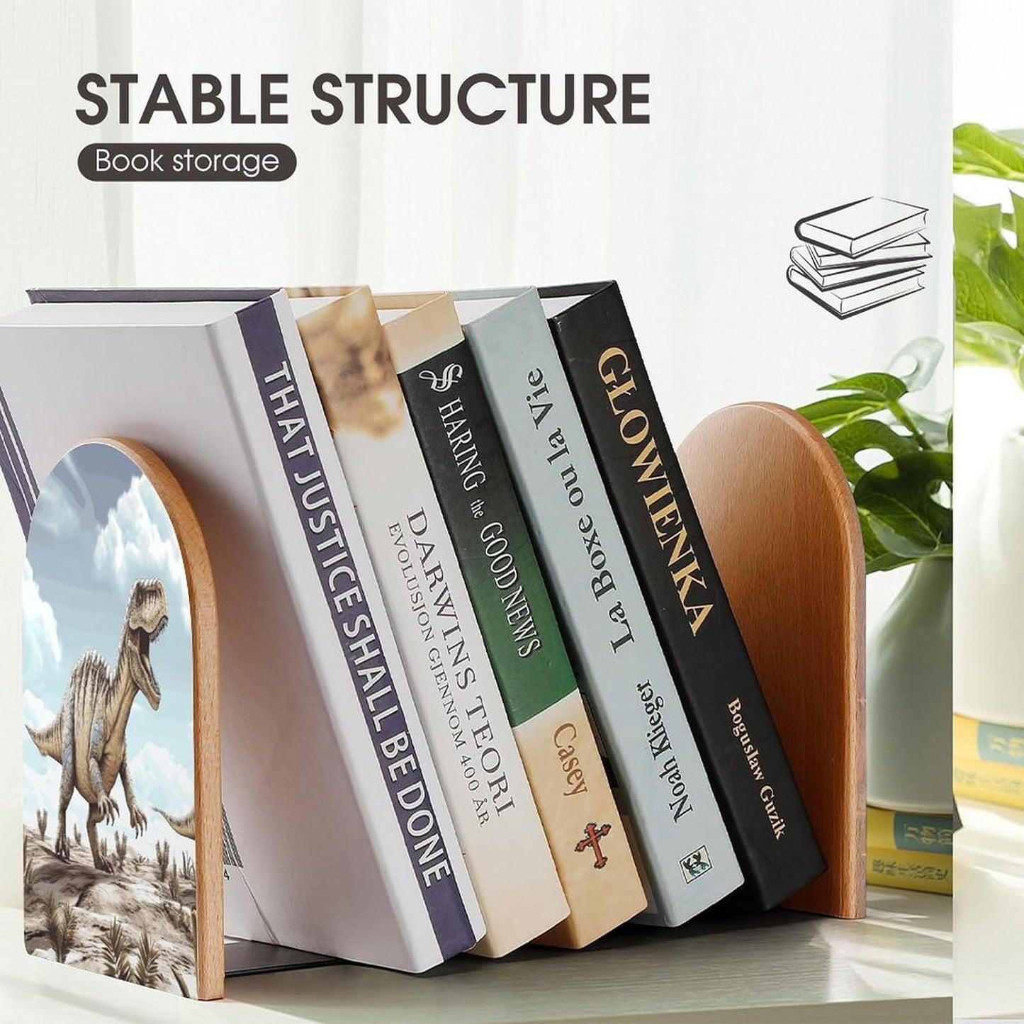 Dinosaur Walking Dinosaur Walking Bookend for Shelves Wooden Book End Large Size Sturdy Book Holders Stoppers with Metal Base for Bookshelves Slick Decorative Bookends Stands