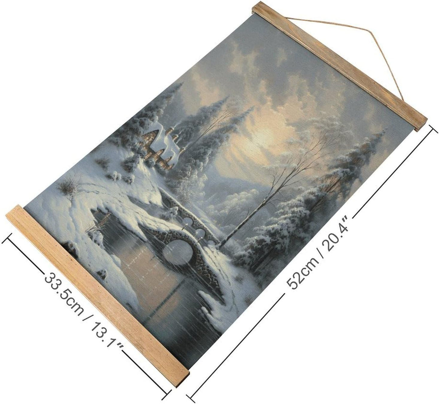 Vintage Winter Snow Scene Poster with Wooden Frame Personalized Linen Hanging Scroll Painting Rustic Wall Hanging Illustrative Modern Artwork Decor for Home Living Room Bedroom Office