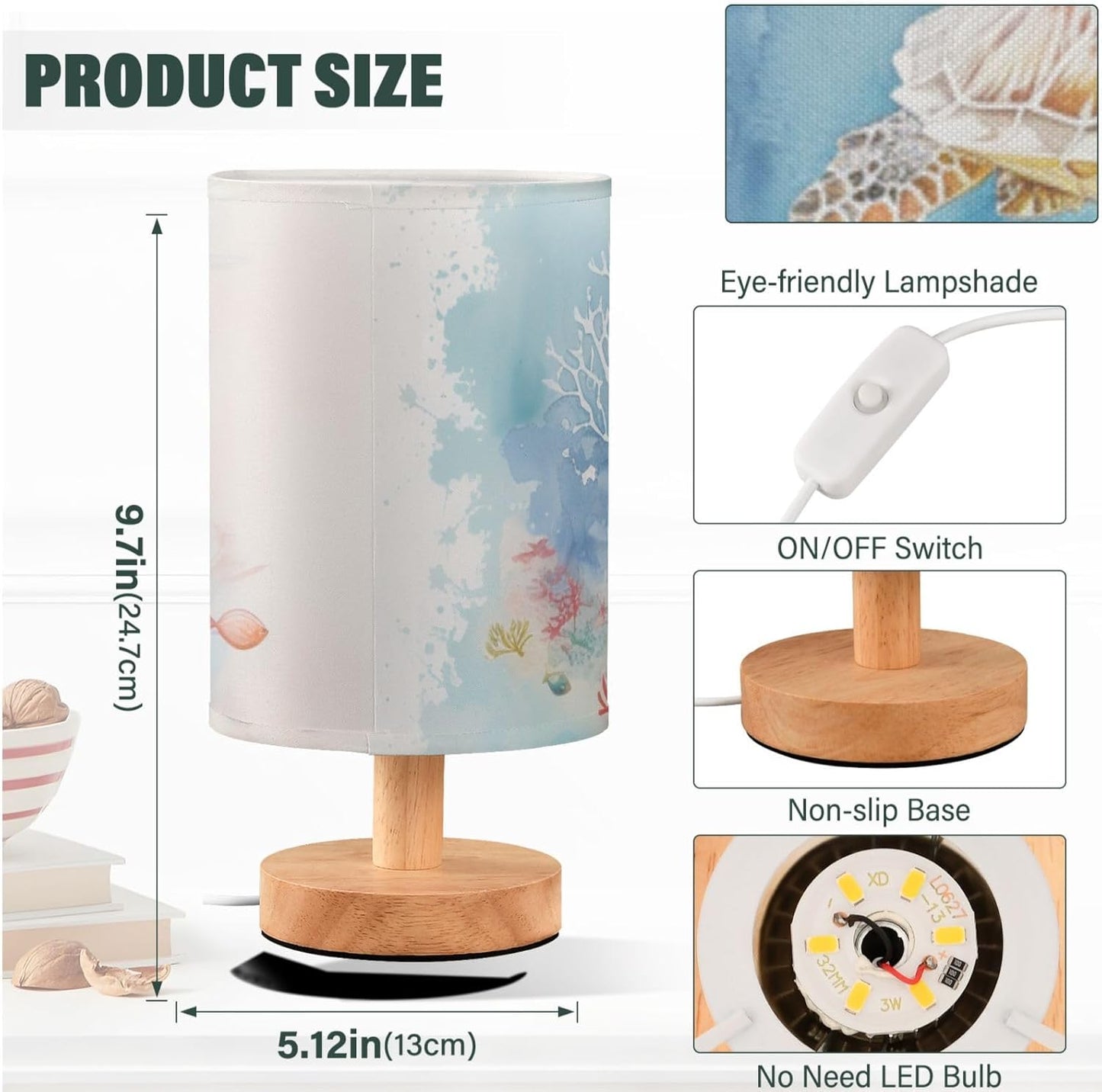 Sea Turtle in Ocean Marine Life Table Lamp for Bedroom USB Port Lamps Small Accent Table Lamp Nightstand Lamp Study Linen Shade with Wooden Base, Decorative Lamps for Bedside Reading|Kids|Dorm|Home