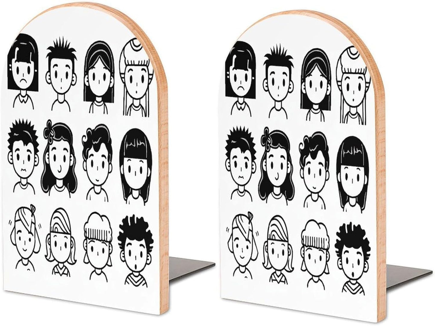 Various Faces Bookend for Shelves Wooden Book End Large Size Sturdy Book Holders Stoppers with Metal Base for Bookshelves Slick Decorative Bookends Stands