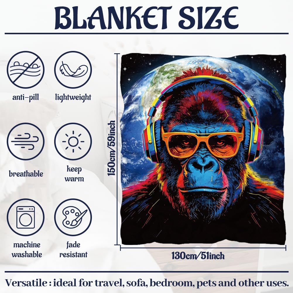 WADORN Cool Gorilla Throw Blanket, Cozy Soft Earth Game Gorilla Throw Blanket Fuzzy 500GSM Flannel Fleece Blankets Plush Funny Monkey Lover Gifts for Office Living Room Sofa Bed Couch Chairs, 59x51“