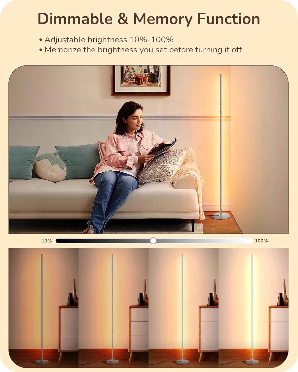 EDISHINE LED Corner Floor Lamp, Minimalist Dimmable Mood Light, Adjustable Height, 57.5" Tall Floor Lamp for Bedroom, Living Room, Home Office, 3000K Warm White Light, Silver