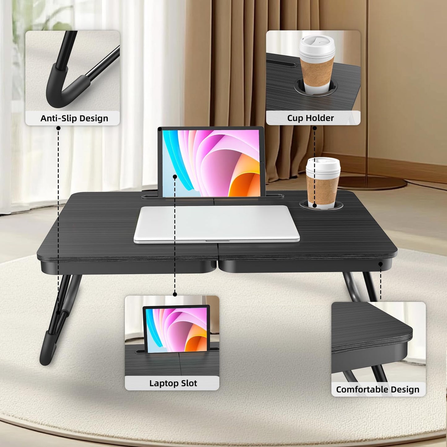 BUYIFY Portable Foldable Laptop Desk for Bed and Couch, Adjustable Lap Desk with Cup Holder and Phone Holder, Ideal for Working, Reading, Writing, and Breakfast,USA Original Patent-black003