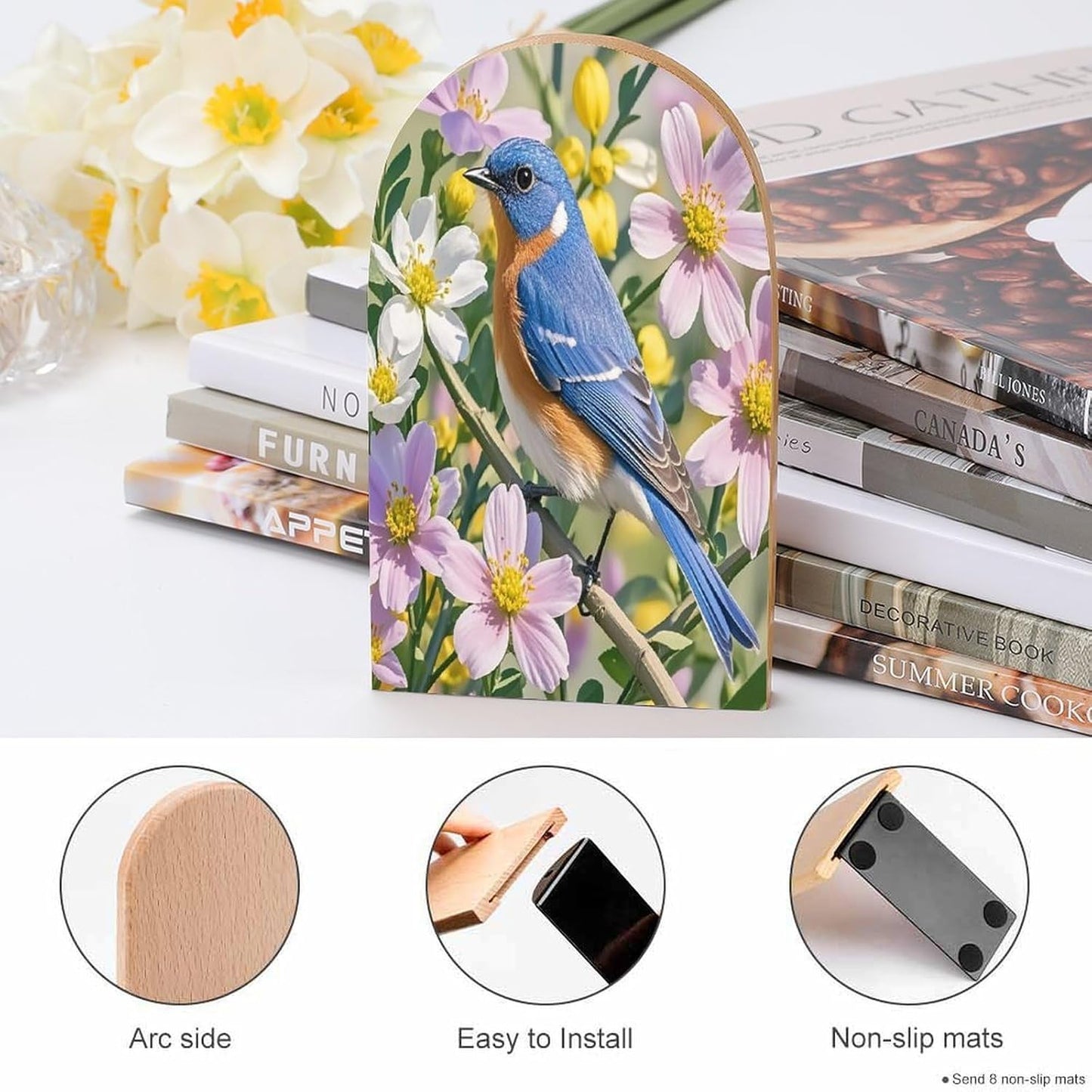 Bluebird and Flowers Bookends 1 Pair Heavy Duty Book Ends for Shelves Non-Skid Bookend Supports Wooden Book Holders with Metal Base Desk Organizers Books Storage to Hold Books