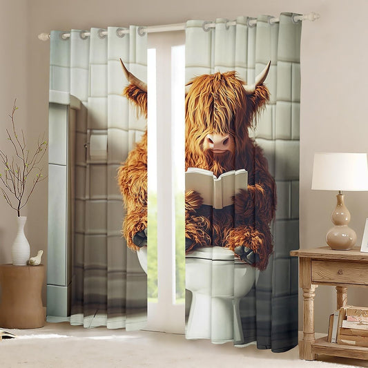 jejeloiu Funny Highland Cow Curtain (2 Panels, 52 x 84 Inch) Kids Highland Cattle Blackout Shades Reading Book Rustic Farm Room Darkening Curtain Window Treatments,Microfiber