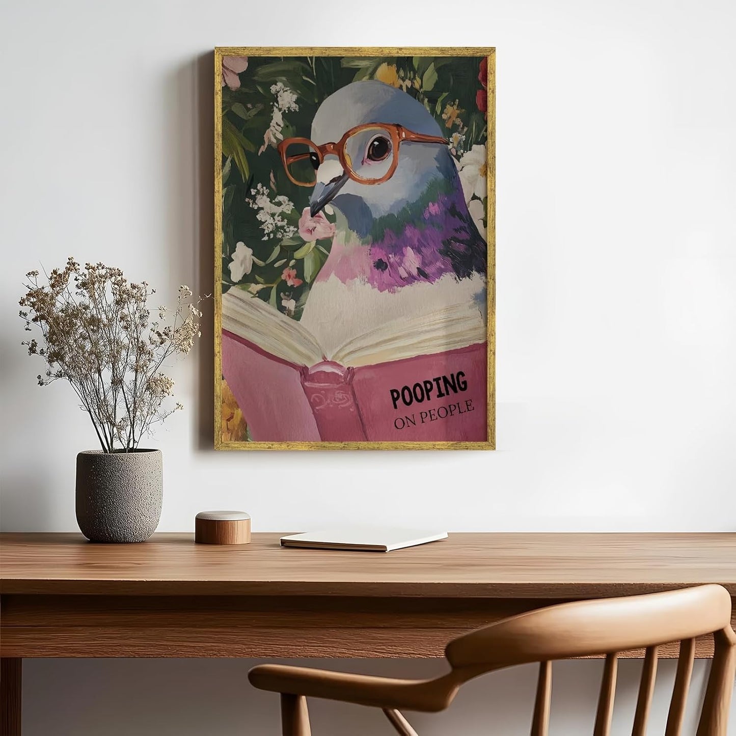 Humorous Pigeon Reading Poster Bathroom Wall Art Quirky Wall Decor Cheeky Animal Canvas Print For Bathroom Office Library8x10inch Golden frame