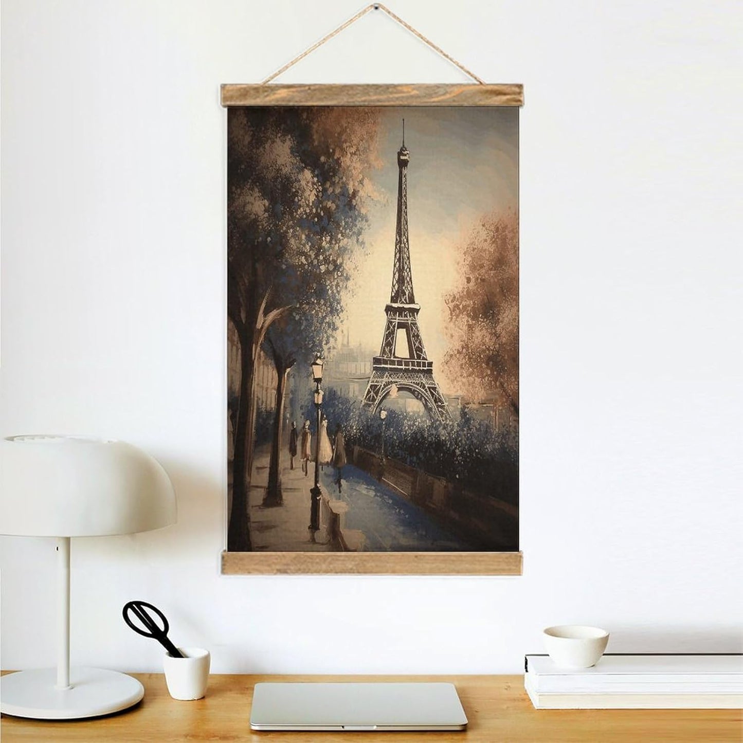 Vintage Romantic Paris Eiffel Tower Poster with Wooden Frame Personalized Linen Hanging Scroll Painting Rustic Wall Hanging Illustrative Modern Artwork Decor for Home Living Room Bedroom Office