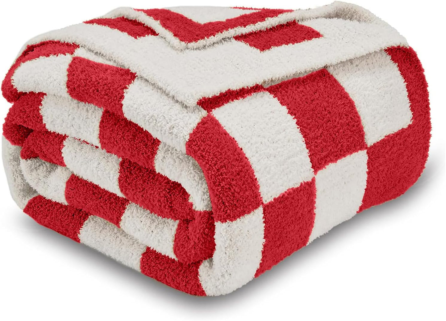 CozeCube Super Soft Fullfy Microfiber Reversible Knitted Blankets, Warm Cozy Fuzzy Plush Throw, Christmas red and White Checkered Throw Blanket for Couch Bed Sofa, 50" x 60"