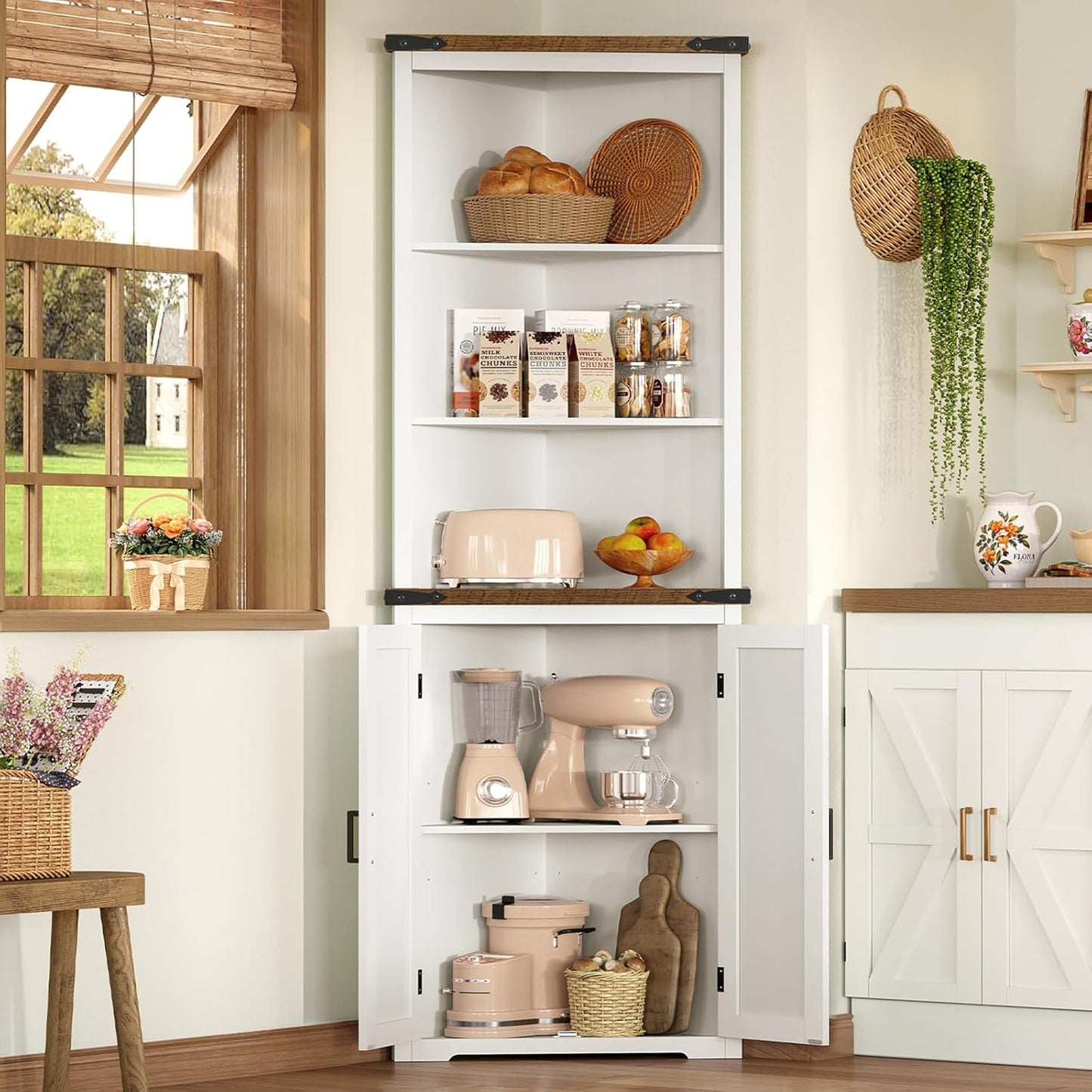 TEENFON Farmhouse Corner Cabinet, 70" H Tall Corner Hutch with 5 Shelves & 2 Barn Doors, Bathroom Cabinet with Adjustable Shelf, for Living Room, Kitchen, Bathroom, White