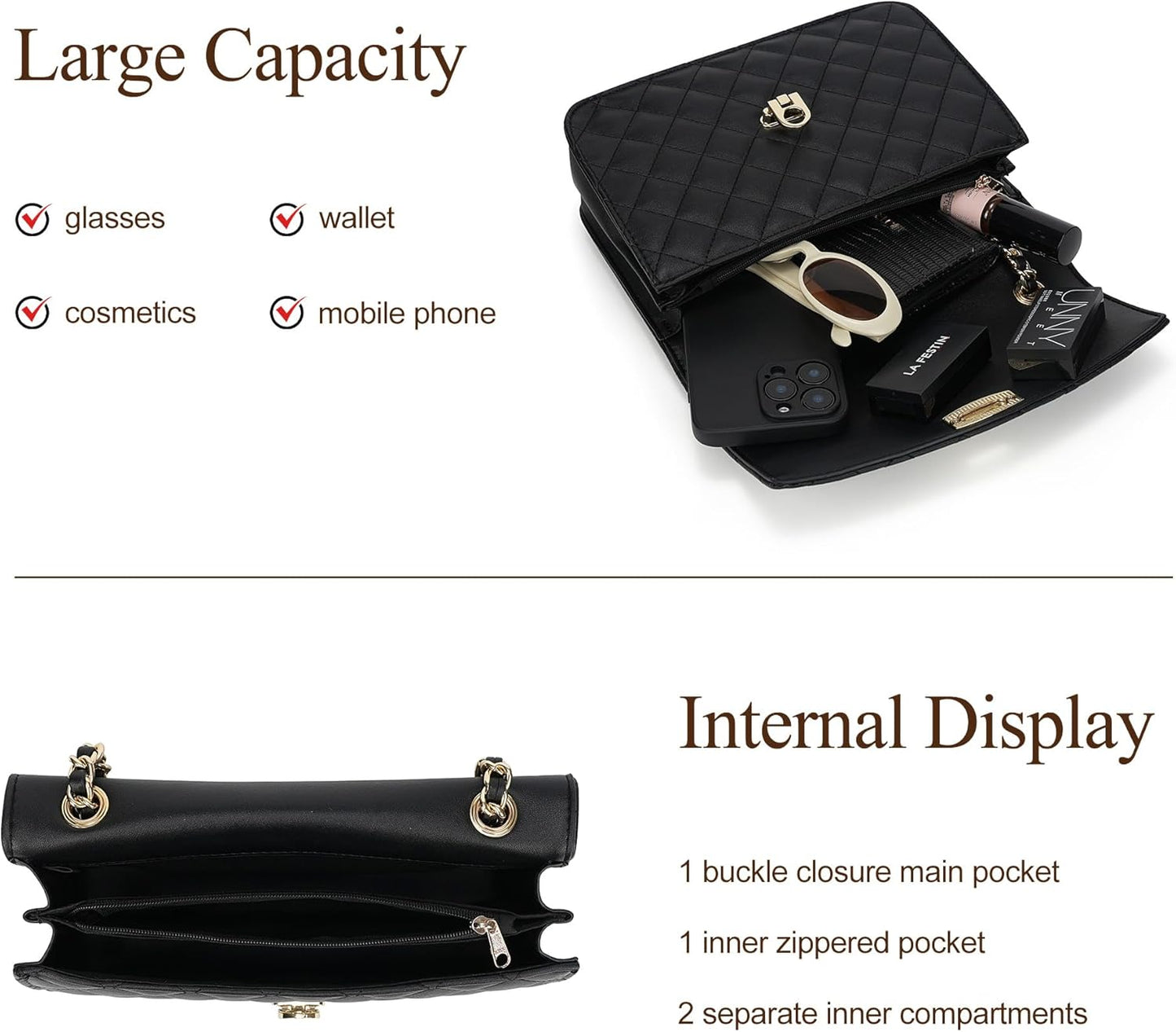 GEMIU Quilted Purses for Women Crossbody Purses Small Purse Ladies Shoulder Bag with Chain Strap