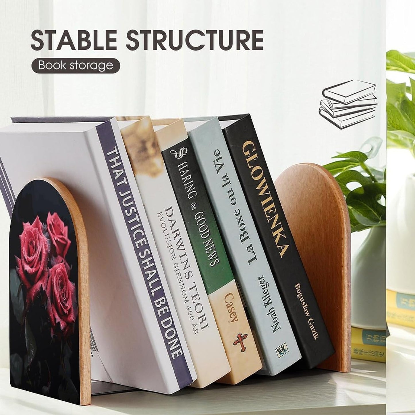 Red Rose and Black Leaves Wooden Bookend Non-Slip Book Ends Heavy Duty Book Stopper with Metal Base Books Holderd Decorative Bookends Stands Firmly for Office Supplies
