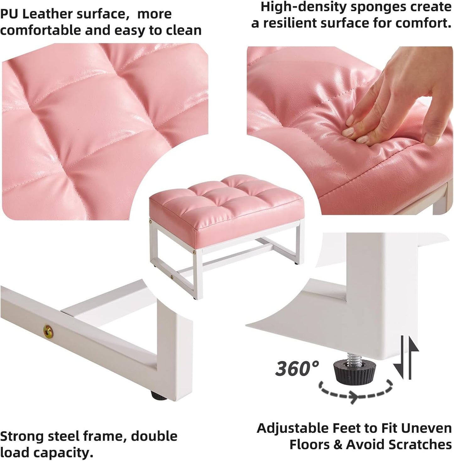Small Footstool, Rectangle Ottoman with Faux Leather Padded Seat, Change Shoes Bench, Sofa Footrest Extra Seating for Living Room Entryway Office, Pink YD-JD139P