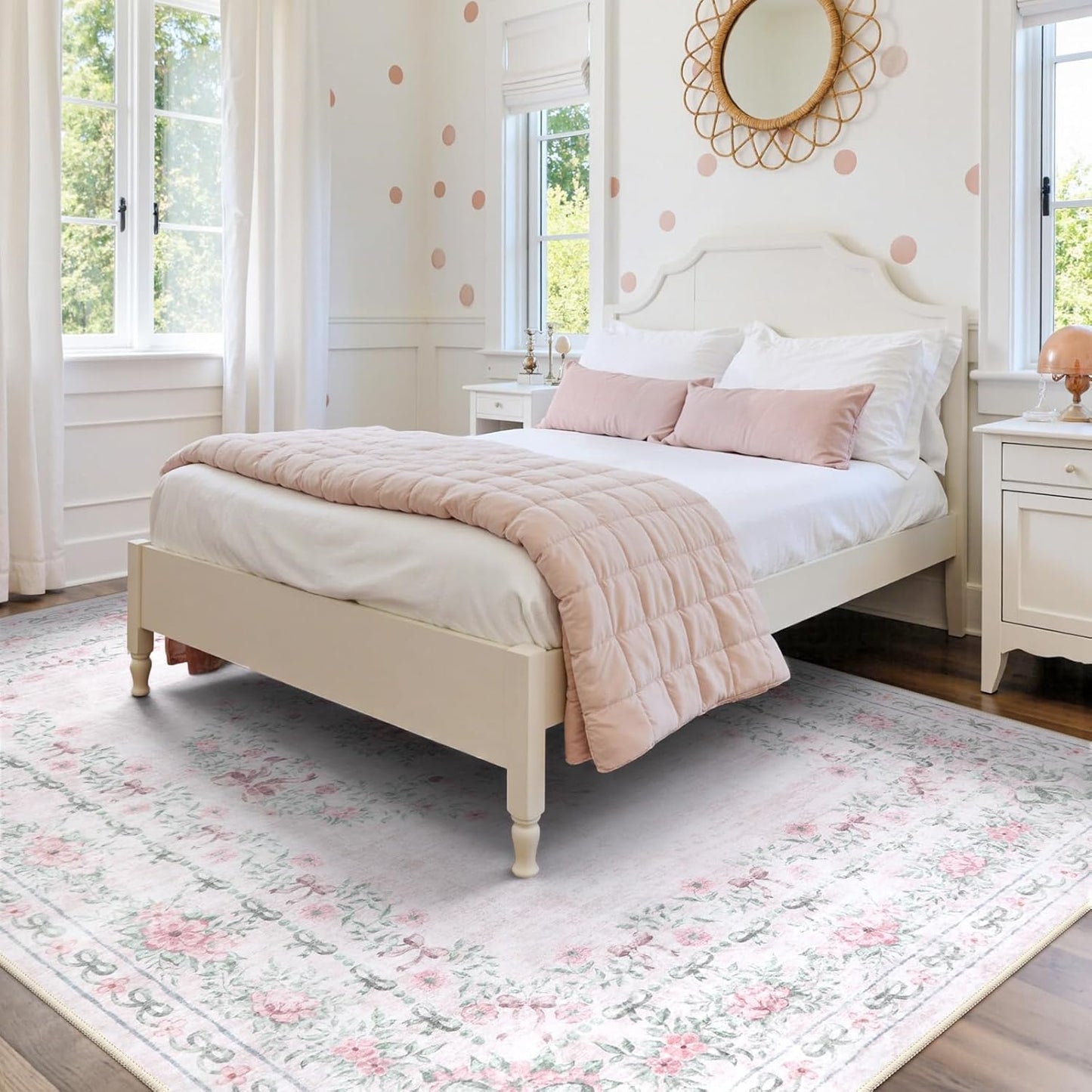 Wonnitar Floral Bow Rug for Girls Bedroom, Pink Area Rug 6x9 for Room Decor, Washable Ultra-Thin Non Slip Soft Boho Aesthetic Carpet for Baby Nursery Kids Room Living Room, Light Pink