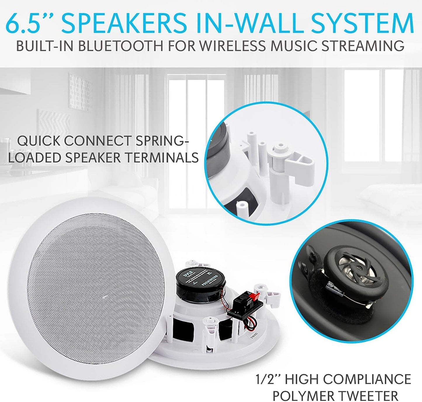 Pyle 6.5” Pair Bluetooth Flush Mount In-wall In-ceiling 2-Way Speaker System Quick Connections Changeable Round/Square Grill Polypropylene Cone & Polymer Tweeter Stereo Sound 150 Watt (PDICBT652RD)