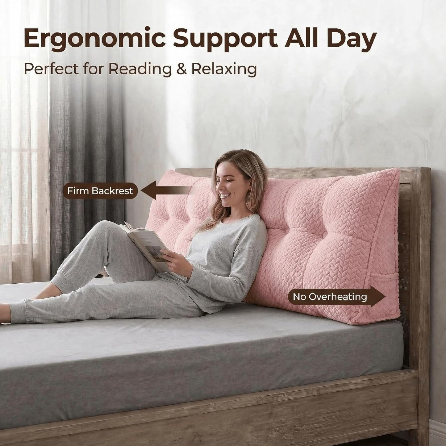 Headboard Pillow Twin Size, Reading Pillow for Bed, Leaf Pattern Wedge Pillow, Tufted Backrest Support, Headboard Substitute, Pink