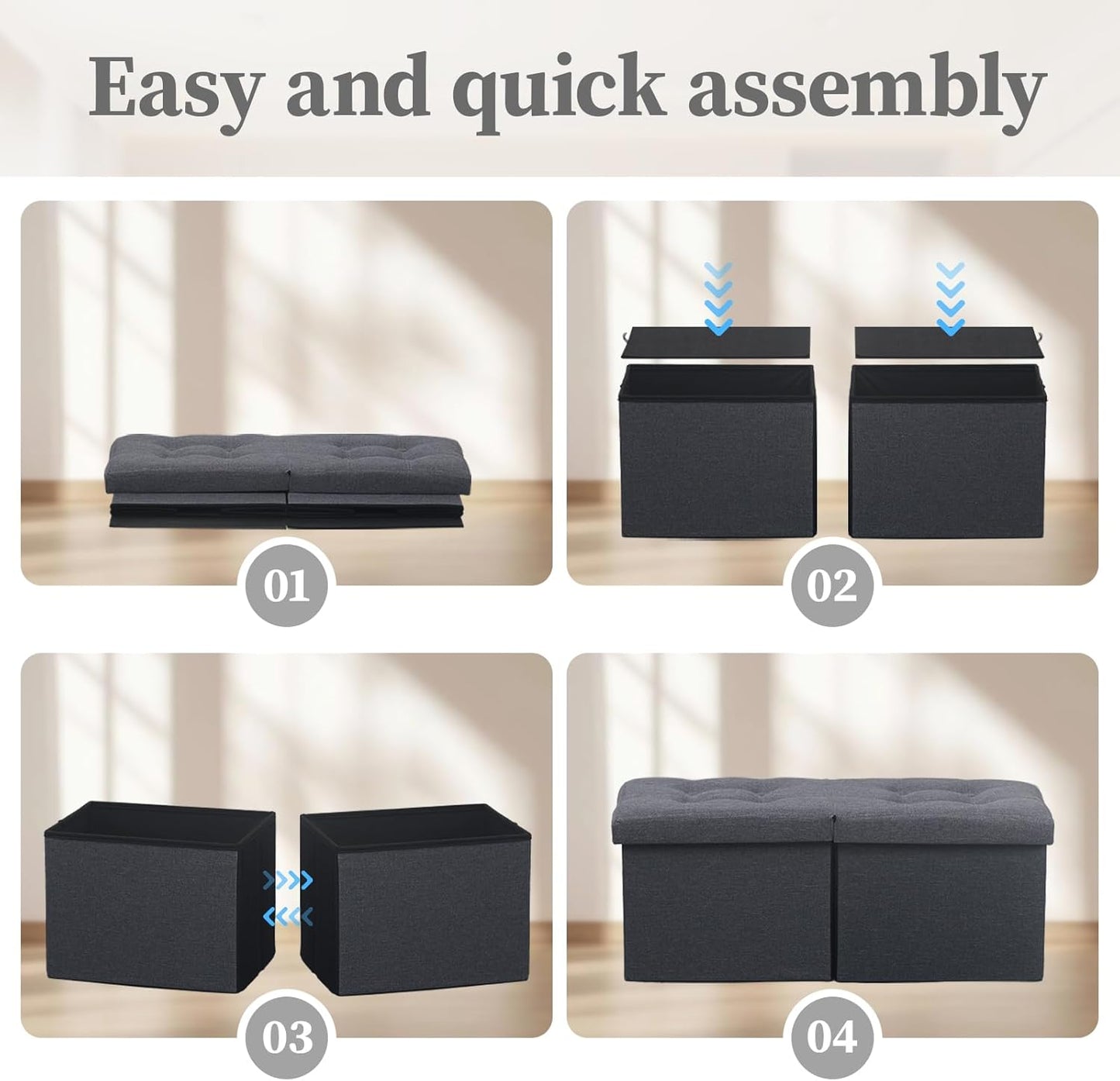 Storage Ottoman Bench with Folding Lid Ⅲ, Foot Stools Opens on Both Ends, Footrest Foldable Linen Chest for Living Room, Bedroom, Entryway, End of Bed Storage Blanket Ottomans Dark Gray