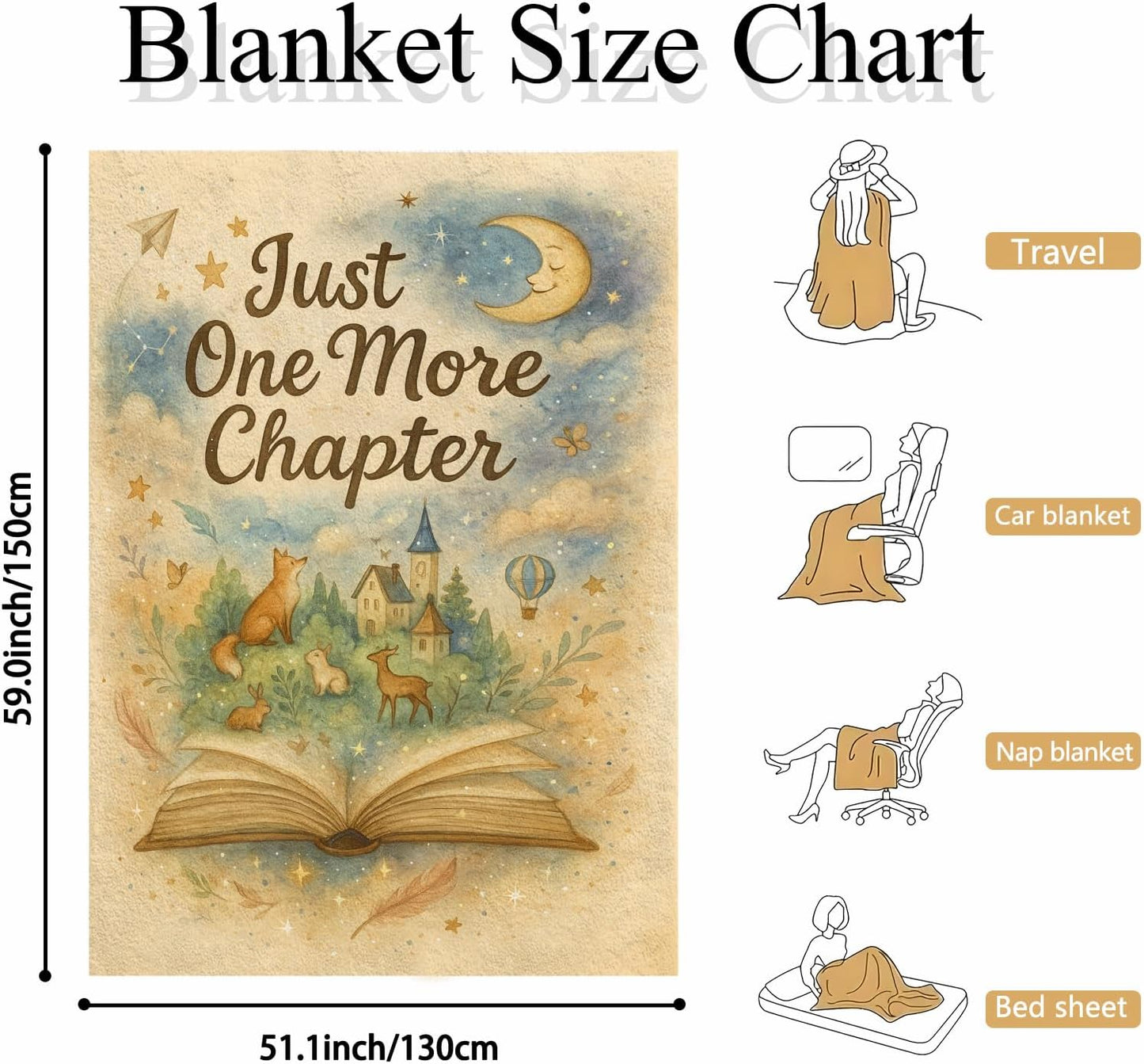 Book Blanket for Readers, 60x50 Flannel Fleece Reading Throw – Chapter-Themed Watercolor, Moon and Stars, Woodland Animals – Cozy Gift for Book Lovers, Couch Sofa Bed