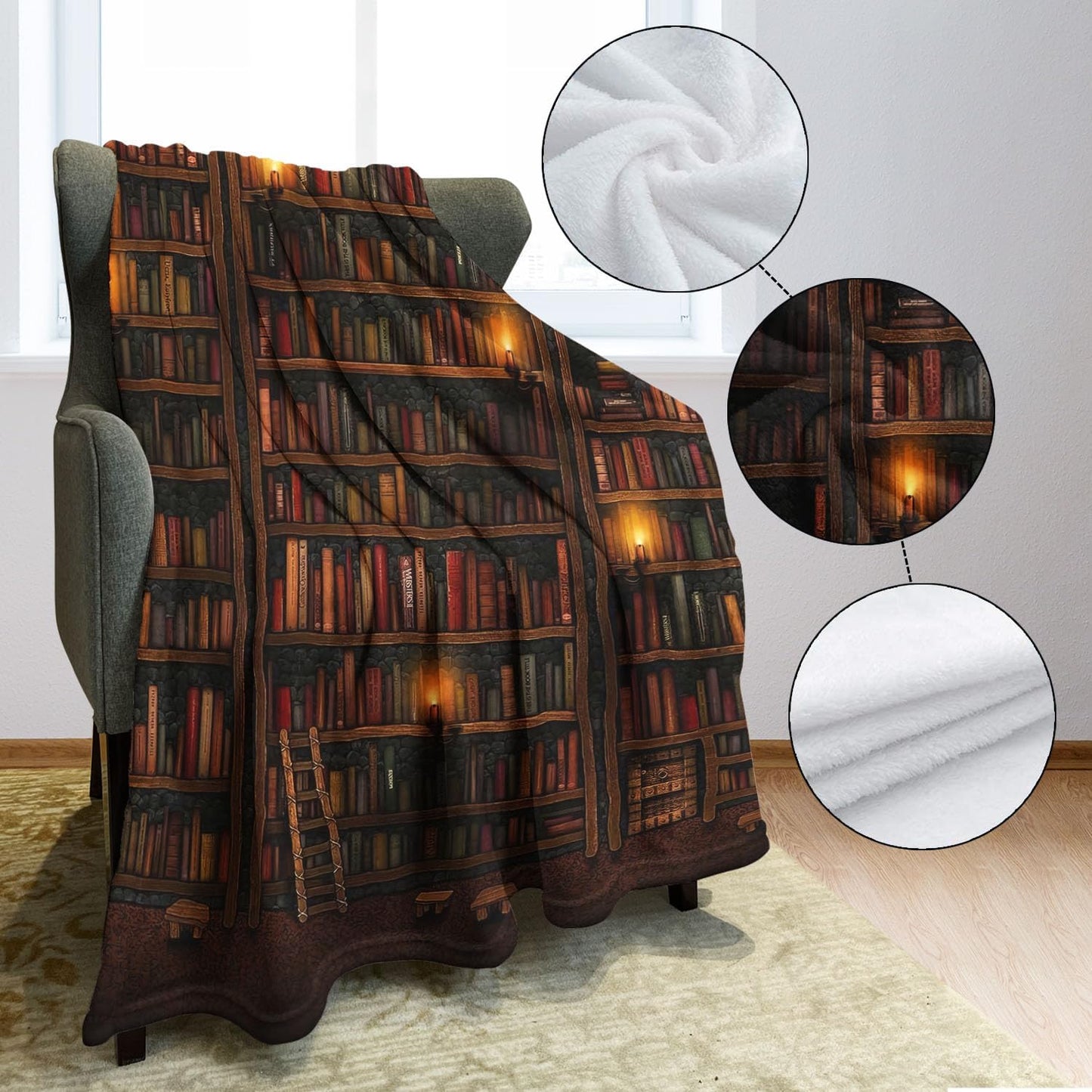 Bookish Reading Blanket Soft Warm Flannel Plush Throw Blankets for Book Lovers Gift Ideas, Vintage Library Bookshelf Candle Ladder, 50 x 80 Inch
