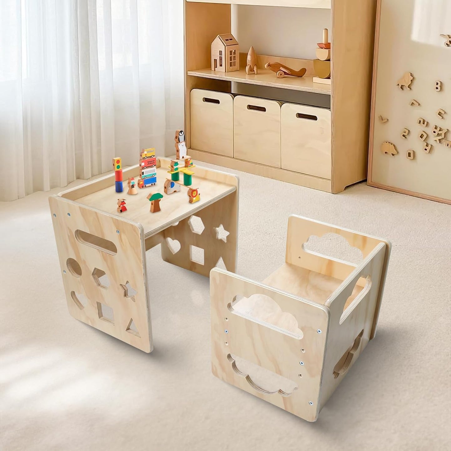 Satisure Montessori Weaning Table and Chair Set, Wooden Toddler Table and Chair Set, 1-3 Age Kids Table and Chairs with Blackboard & 3 Heights Adjustable for Eating & Drawing & Reading