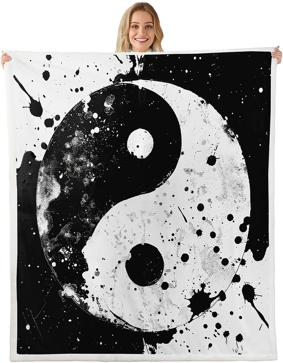 Black White Yin Yang Fleece Throw Blanket Trippy Art Boho Plush Blanket for Kids Adults Tie Dye Splash Sherpa Blanket Traditional Ying Yang Theme Fuzzy Blanket for Sofa Bed Couch, Queen 90x90 Inch