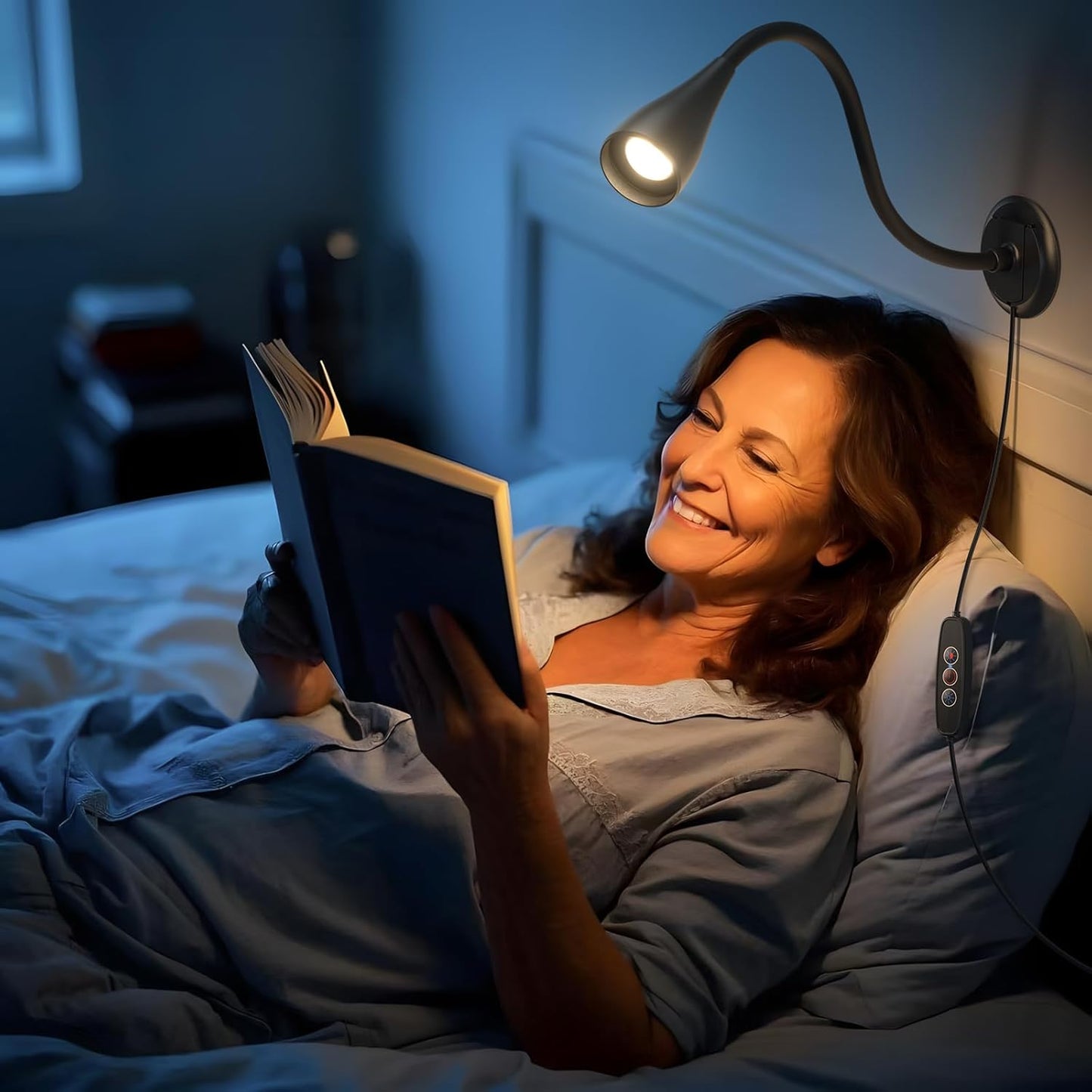 Dim Book Lights for Reading at Night,USB Goose Reading Lights for Books in Bed Headboard,LED Night Lights Plug into Wall,Adhesive Wall Lights for Bedroom,Portable Plug in Wall Sconces Hardwired,1 Pack