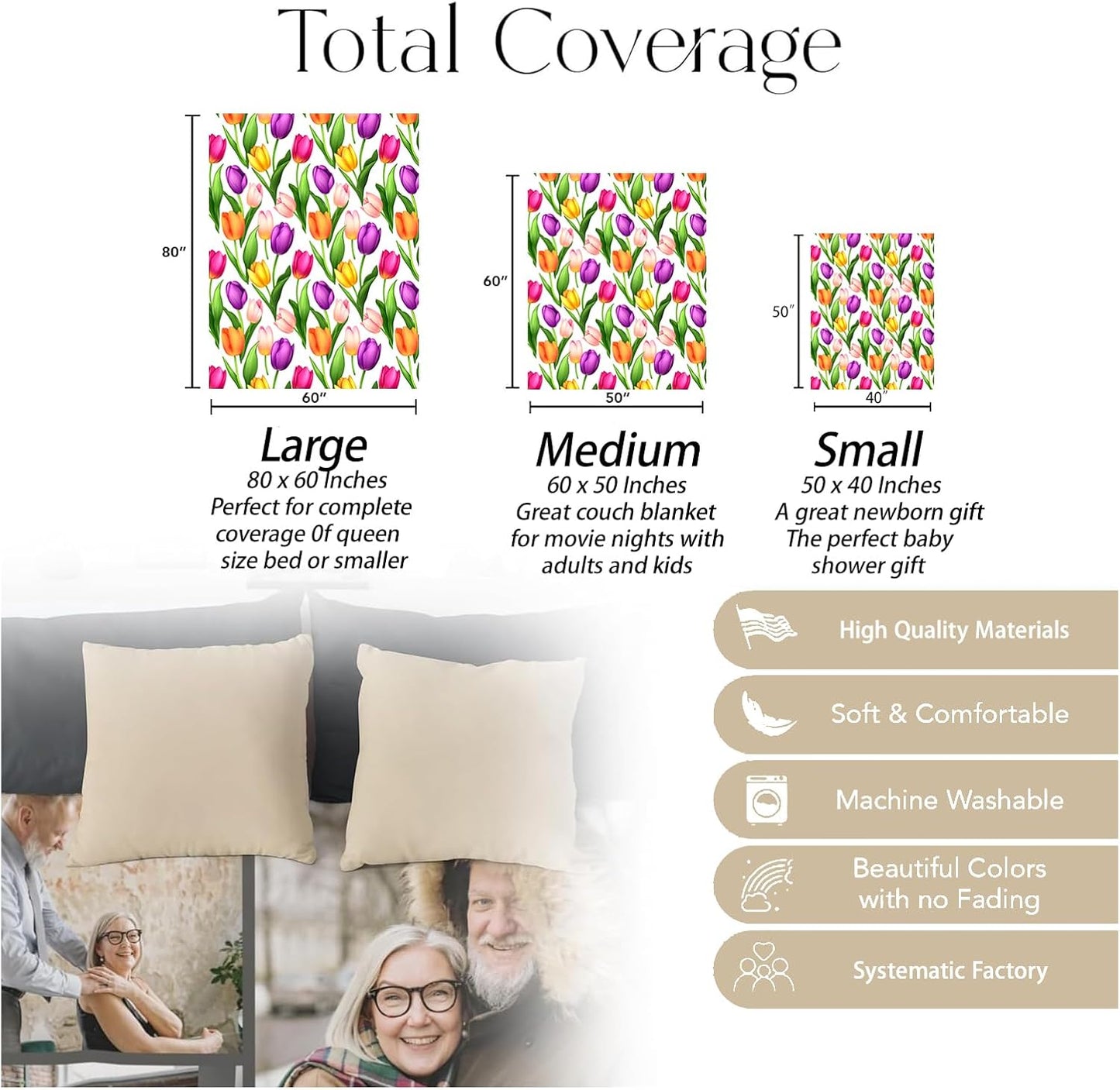 Colorful Tulip Floral Blanket, Soft Warm Cozy Throw Blanket Gifts for Adults Kids Women, Lightweight Fuzzy Comfy Flannel Blankets for Couch, Travel, Bed, House Decor 60×50 Inch