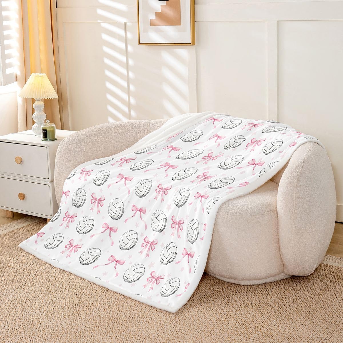 Feelyou Pink Bow Volleyball Sherpa Throw Blanket for Couch Pink Bow Super Soft Cozy Fleece Cute Bowknot Blanket for Winter, Plush Throw Sports Game Baby 30"x40" All Season